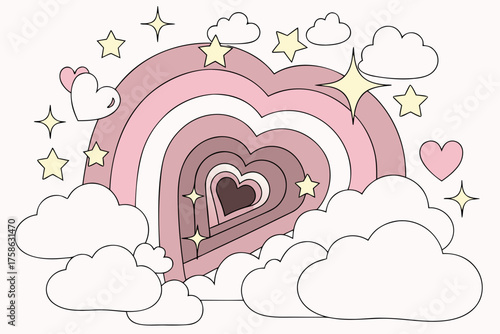 Heart-shaped tunnel of paper clouds and stars
