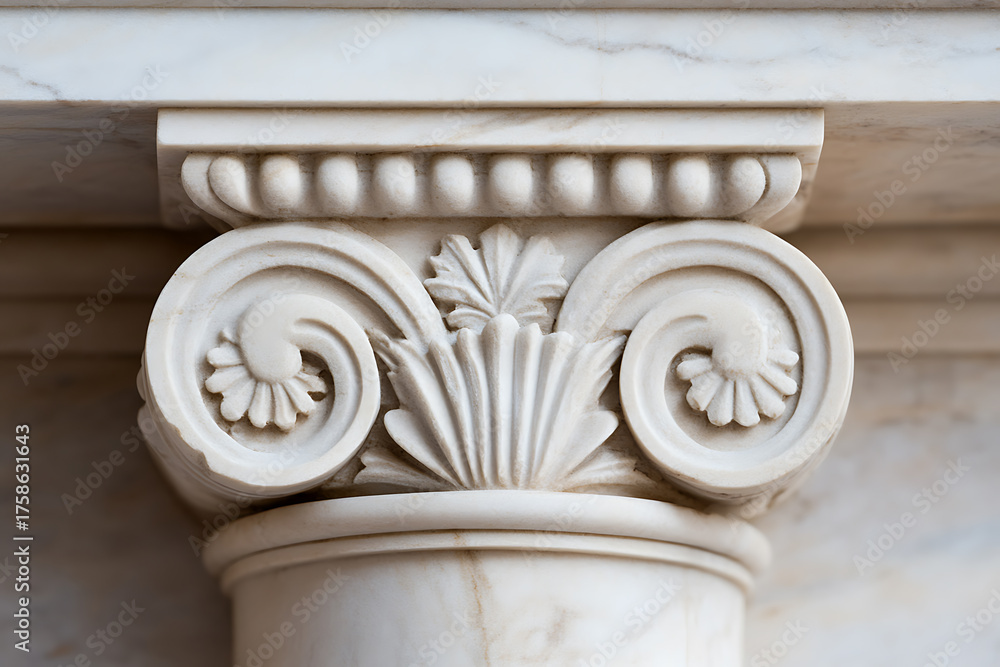 Naklejka premium Close-up of the decorative capital of a classical architectural column made of marble. Intricate carvings with floral and scroll motifs, smooth, shiny surface.