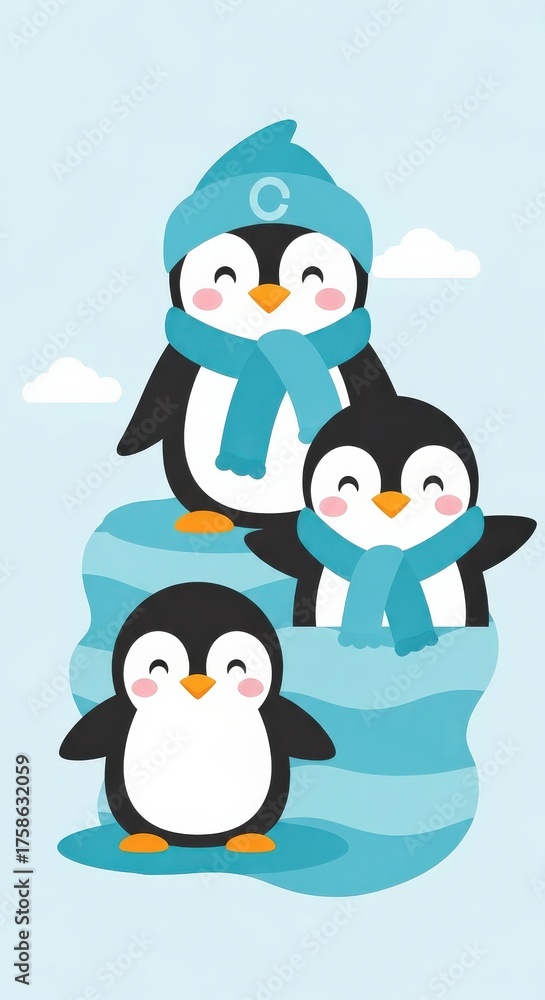 Obraz premium Cute cartoon penguins wearing winter hats and scarves on an ice floe