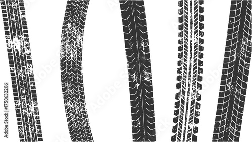 Grunge tire track, wheel braking marks. Truck, car or motorcycle tread pattern silhouette. Auto race, motorsport, speed racing design element. Vector illustration