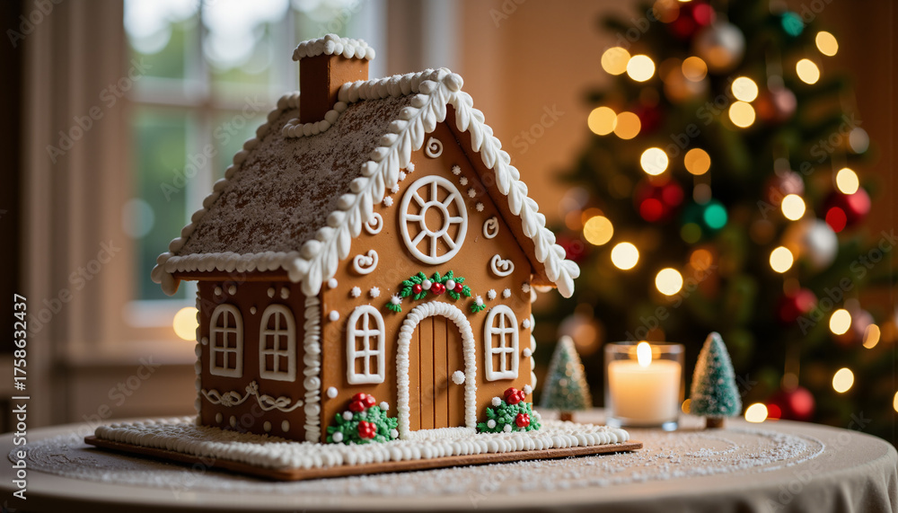 Fototapeta premium Gingerbread house decorated beside glowing Christmas tree lights, modern style 