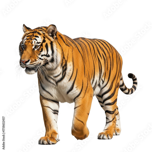 Majestic adult tiger walking gracefully on a white background.