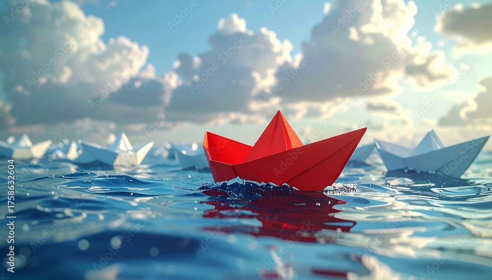 Obraz premium A vibrant red paper boat stands out in a sea of white boats under a cloudy sky. The boats float on blue water