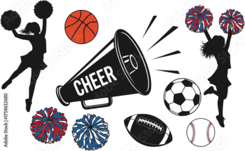 Cheer megaphone SVG cut files bundle with cheerleading silhouette and sports vector illustrations for cheers and team spirit design
