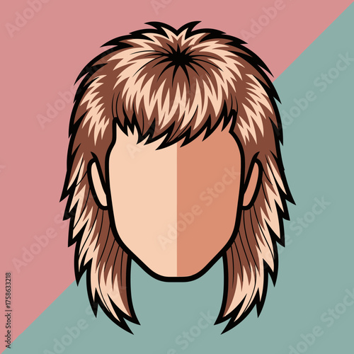 Stylized illustration of a persons face with a mullet hairstyle and a geometric background