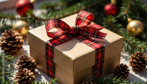 Gift box wrapped with plaid ribbon among pine cones and ornaments  