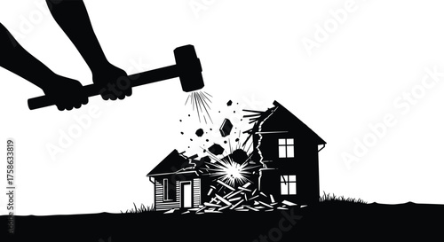 Silhouettes of hands swing a sledgehammer to demolish a house into pieces with debris flying everywhere.