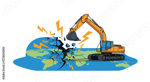 An excavator is demolishing the earth with lightning striking.
