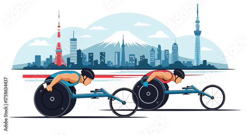 Wheelchair athletes racing in Tokyo against a backdrop of the city skyline and Mount Fuji.