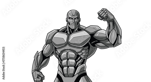 A muscular cyborg flexing its powerful bicep in a classic pose.