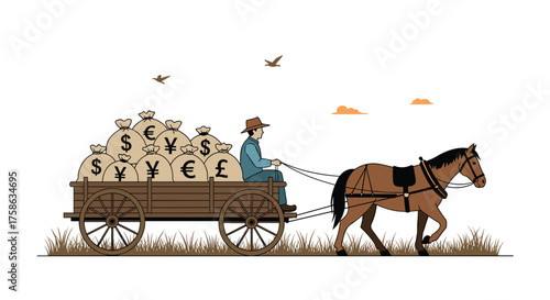 A farmer drives a horse-drawn cart filled with money bags across a field.