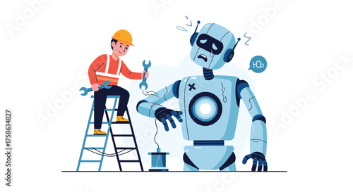 A technician is fixing a malfunctioning robot with tools and a ladder.