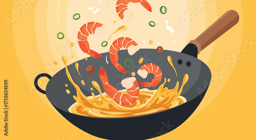 Delicious succulent shrimp stir-fried in a hot wok with fresh ingredients creating a flavorful Asian dish.