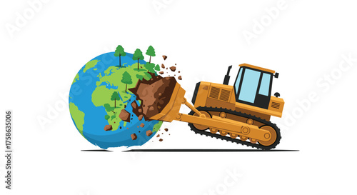 A bulldozer is destroying the planet earth and its trees.