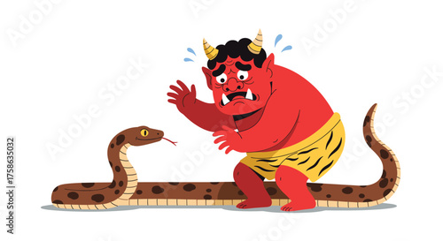 A frightened demon encounters a long snake in a curious interaction.