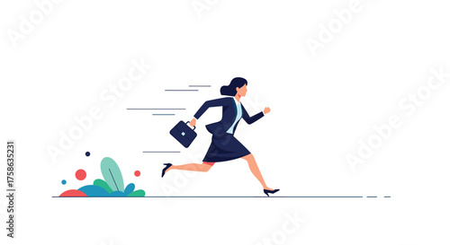 A busy businesswoman is running fast while carrying a briefcase to an important meeting.