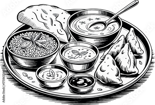 This black and white engraving features a traditional Indian thali, displaying a main plate surrounded by several smaller bowls filled with various dishes, including curry, rice, samosas, and flatbrea