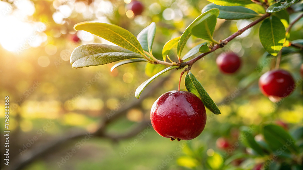 Obraz premium Cranberries on tree branch in garden, Cranberry tree in natural warm sunlight background
