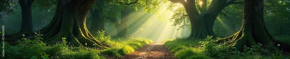 Fototapeta premium Sun-Dappled Path Through a Mossy Enchanted Forest A Magical, Ethereal Scene Perfect for Fantasy and Fairytale Themes, Nature Photography, and Artistic Projects.