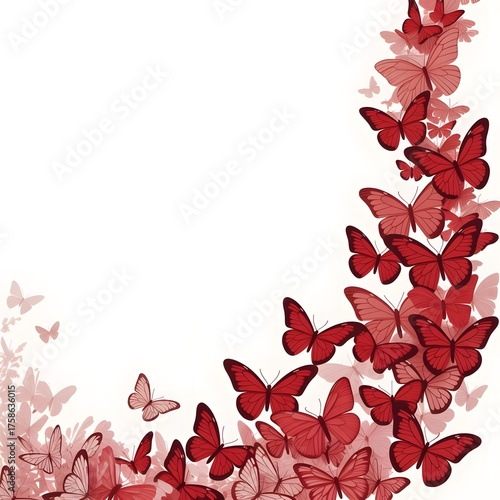 A vibrant and elegant arrangement of red butterflies forming a beautiful border or corner design, symbolizing beauty, transformation, and freedom. The butterflies appear to be in flight