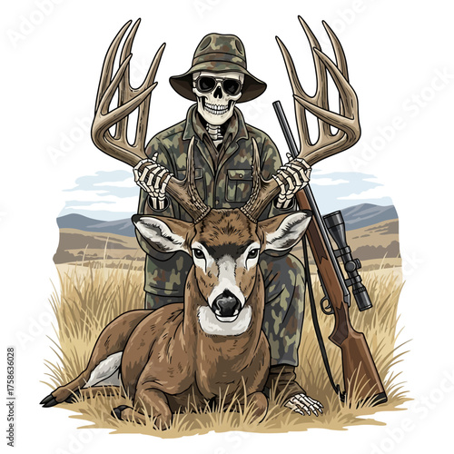Skeleton hunter kneeling with a trophy whitetail deer buck and rifle on field