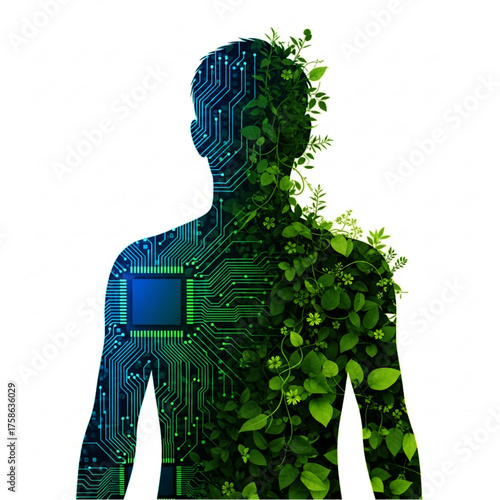 ai generative Human silhouette made of technology circuits and plants, double exposure effect, 3D vector gradient, futuristic eco concept, minimal white background