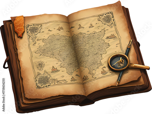 Dark Academia Art with Antique Open Journal and Fantasy City Map | Moody Oil Painting of Vintage Journal with Compass and Wax Seal | Atmospheric Still Life of Hand Drawn Map and Brass Compass 