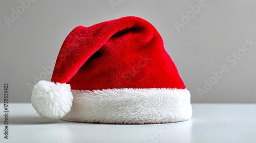 A red and white santa hat with a white pom pom on top. The hat is sitting on a table