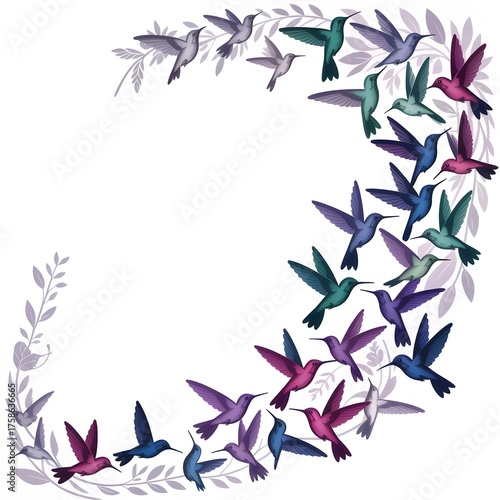 A vibrant flock of hummingbirds gracefully soaring, with colorful feathers and delicate wings. They create a beautiful shape
