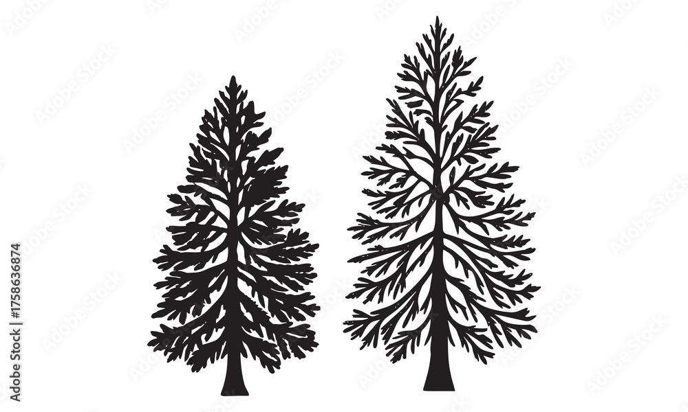 Fototapeta premium Black Silhouette Tree and Weather Icon Set | Winter Forest and Seasonal Symbol Vectors