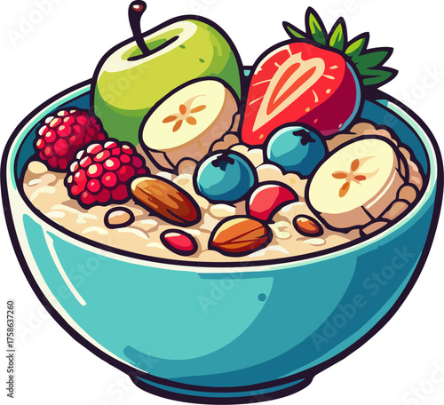 Oatmeal Bowl with Fruits Vector, Healthy Breakfast with Apple, Strawberry, Banana, Blueberry, Almonds, Cartoon Food Illustration