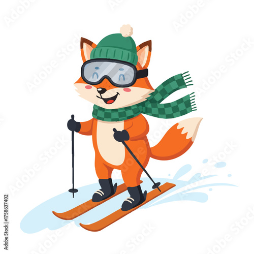 Cheerful cartoon fox wearing a beanie, goggles, and warm checkered scarf confidently skis down a gentle snowy slope in a vibrant 2D flat vector illustration.