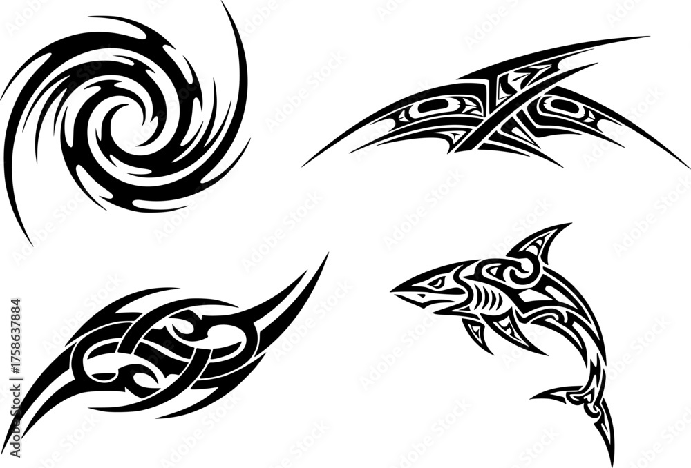Fototapeta premium Bundle of 4 scalable vector tribal tattoo designs for your next creative project silhouette White background 