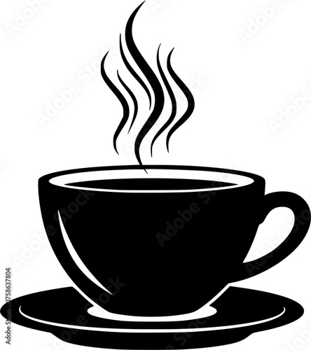 Stylized black silhouette of a steaming coffee cup and saucer isolated on white background
