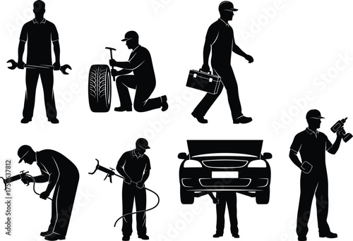 Automotive repair silhouette, mechanic poses, tool usage, car inspection, fluid extraction, black vector icons, isolated garage work, maintenance concept