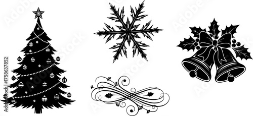 Bundle of four black vector designs christmas tree snowflake bells and decorative element scalable svg silhouette White background
