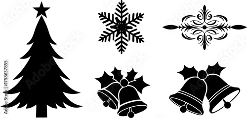 Bundle of four black vector designs christmas tree snowflake bells and decorative element scalable svg silhouette White background
