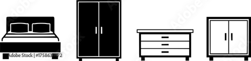 Set of 4 black vector furniture icons including bed wardrobe and sofa scalable illustration silhouette White background
