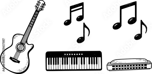 Vector set of hand-drawn music icons featuring guitar notes keyboard and harmonica for scalable design silhouette White background

