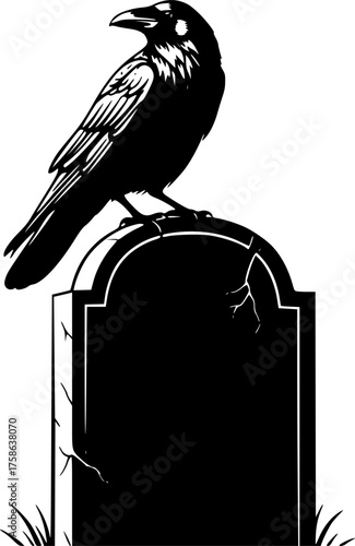 Vector illustration of a black raven perched on a tombstone scalable graphic for design projects silhouette White background
