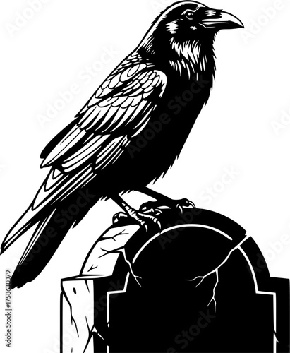 Vector illustration of a black raven perched on a tombstone scalable graphic for design projects silhouette White background
