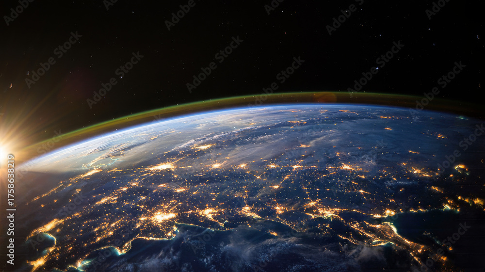 Fototapeta premium Earth from space at night with city lights and sunrise satellite