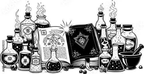 Magical spell book and potion bottles vector illustration scalable graphic for fantasy and alchemy designs silhouette White background
