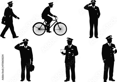 Postal worker silhouette, mail delivery poses, bicycle courier, saluting gesture, envelope reading, black vector icons, isolated logistics service concept