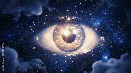 Surreal Night Sky with Glowing Eye Among Stars and Clouds for Fantasy Videos, Creative Projects, Visual Art Content, and Dreamy Imagery
