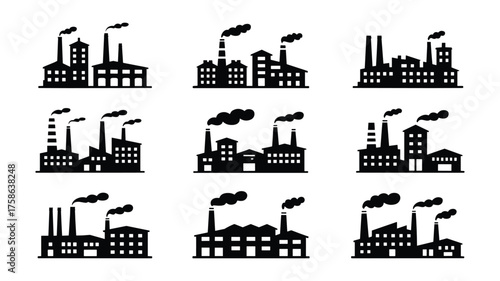 Nine black silhouette icons of industrial factories with smoke stacks emitting plumes of smoke Keywords: factory icons, industrial icons, manufacturing, industry, pollution, smoke, chimney