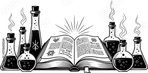 Magical spell book and potion bottles vector illustration scalable graphic for fantasy and alchemy designs silhouette White background
