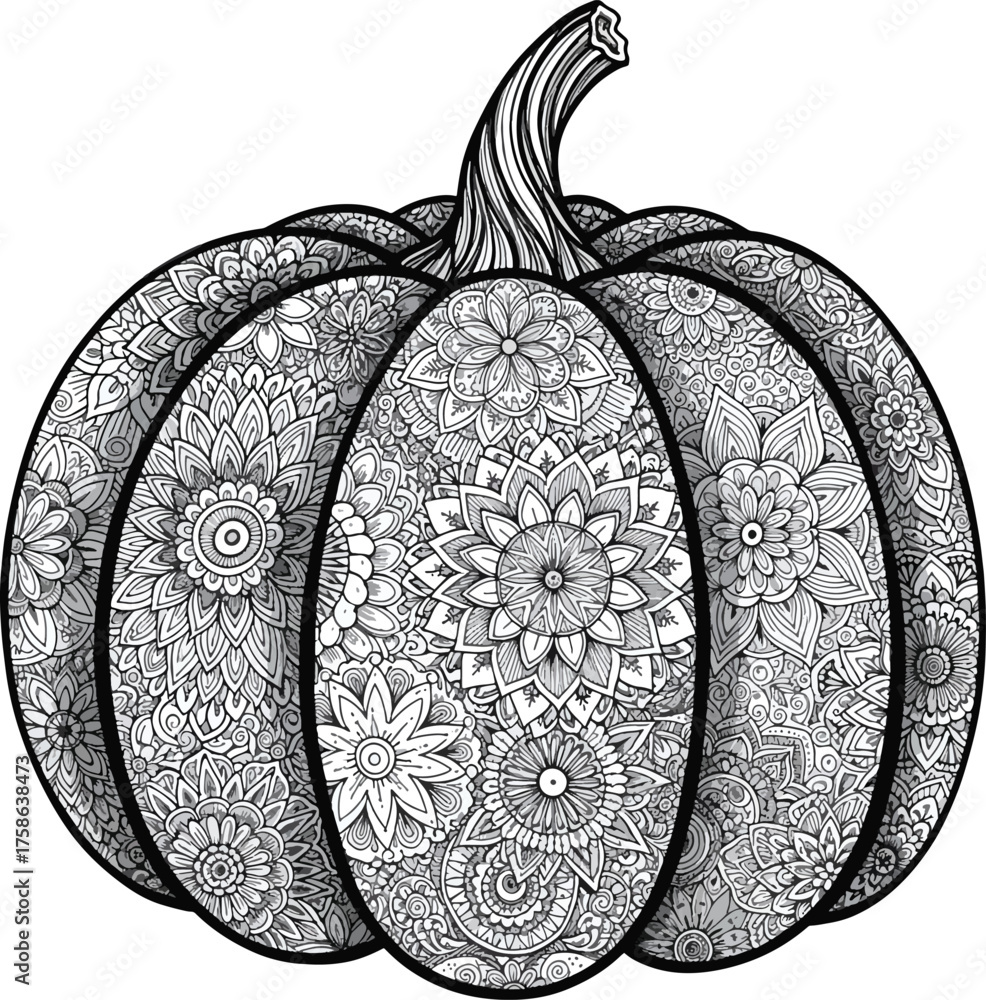 Intricate Detailed Pumpkin Black and White Coloring Page Illustration