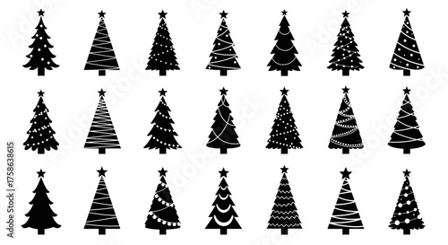 Christmas Trees Set of Festive Evergreen Conifers for Holiday Decor, Vector Illustration of Spruce, Fir, and Pine Trees
