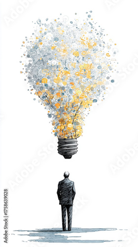 Hyperrealistic concept of modern scientific brainstorming, visualizing chaotic streams of ideas, glowing neuron-like networks, and creative data flow representing innovation and collective intelligenc